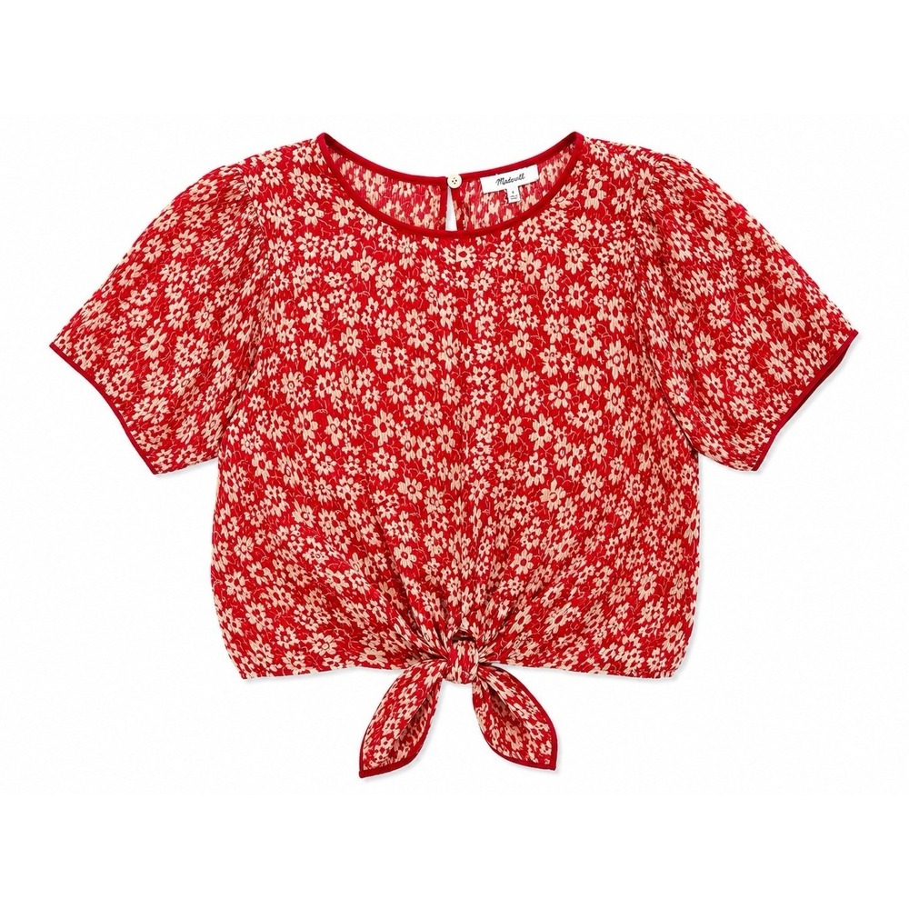 Madewell Blouse M Red Floral Tie Front Button Back Cottagecore‎ Boho Gauze Top